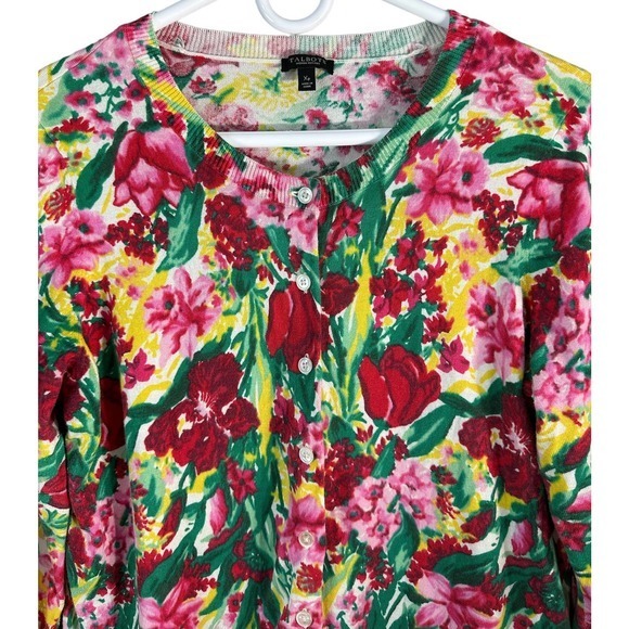 Talbots Womens Sweater XP Pink Green Botanical Floral Crew 3/4 Sleeves Pullover - Picture 4 of 7